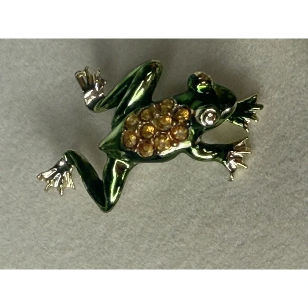 Frog Scatter Brooch Pin Set Red Green Enamel-Like Rhinestone Jeweled 2pc